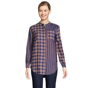 Lands End Women's Large Flannel A-Line Long Sleeve Tunic Top Pockets Plaid Multi